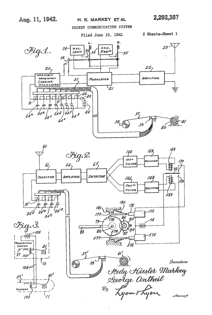 Page du brevet déposé par Hedy Lamarr et George Antheil le 10 juin 1941.